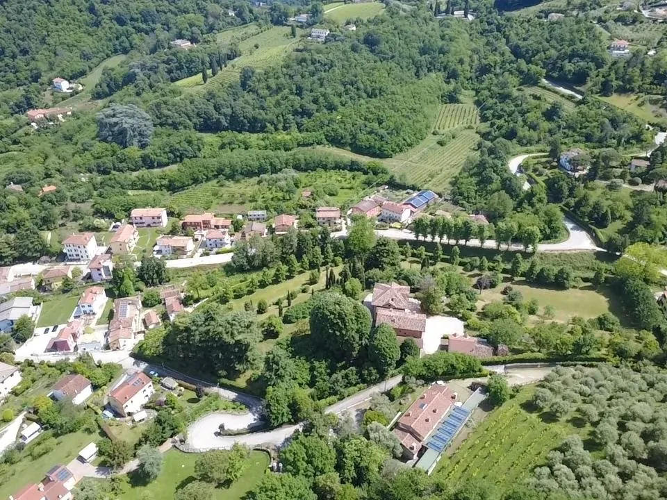 Veduta aerea di Torreglia tra vigneti, colline e il paesaggio dei Colli Euganei